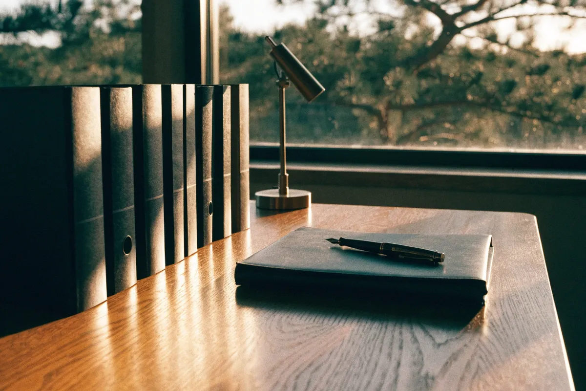 Bound binders and a leather folder with a fountain pen on an oak desk in warm window light