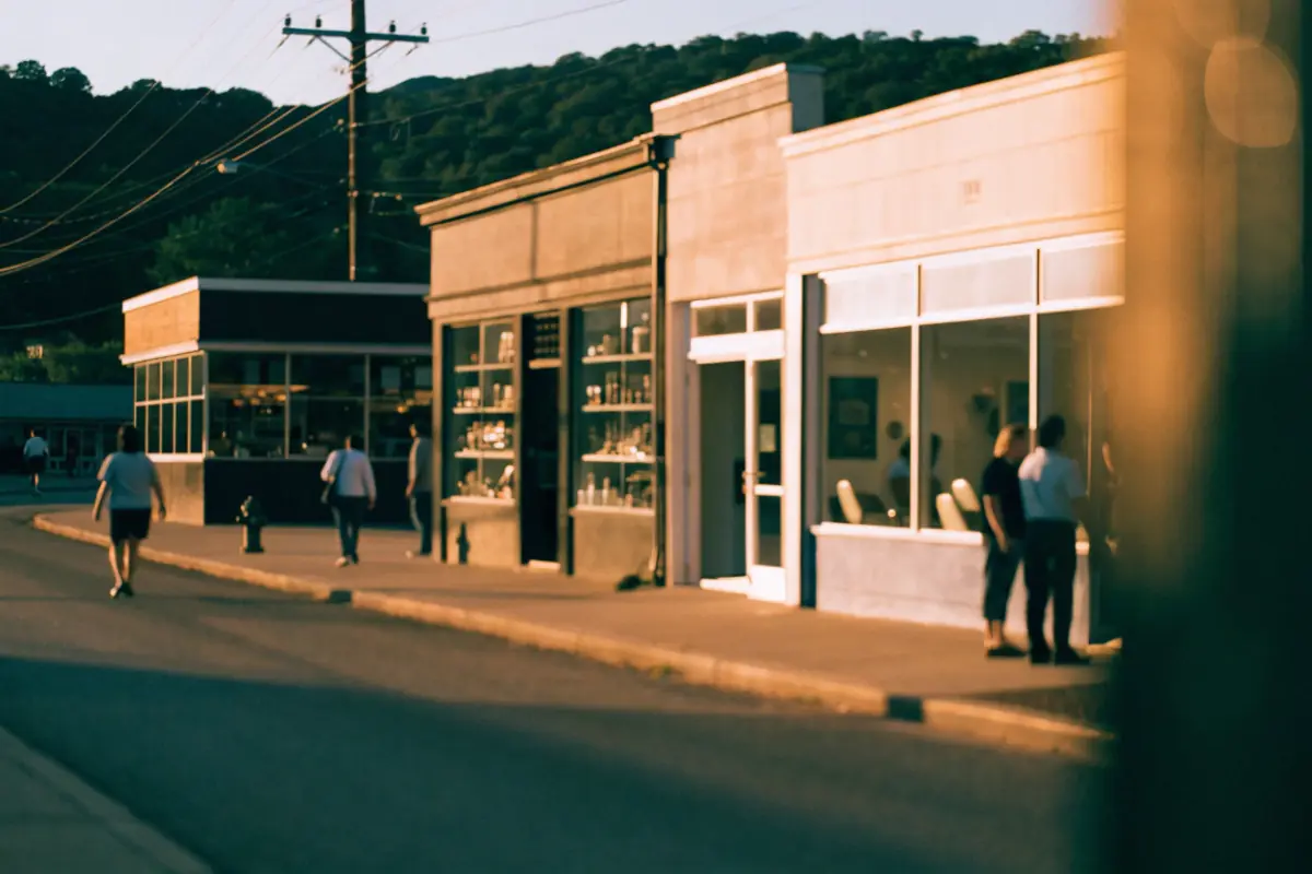 A small-town main street with several different kinds of businesses