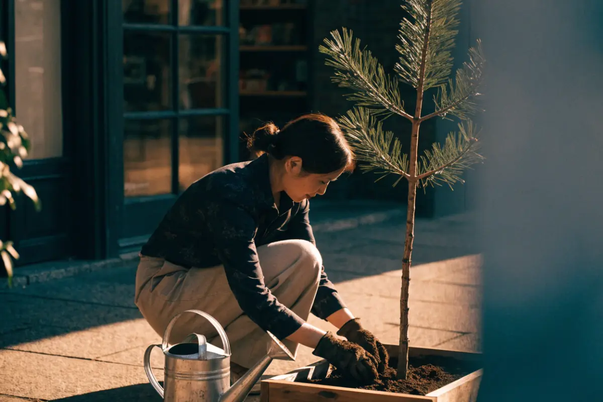 A young tree being planted beside a small business sign post