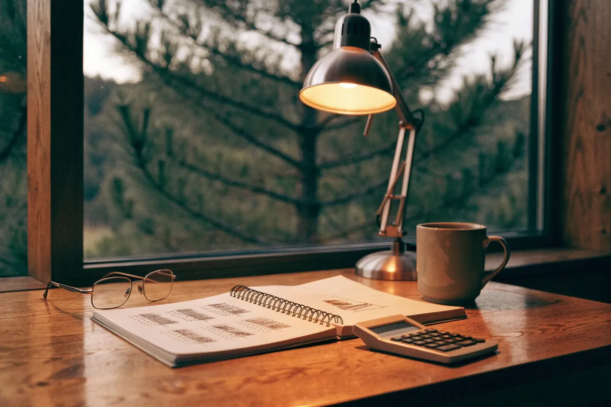 A director's desk at dusk with a notebook of tally columns, a calculator and reading glasses