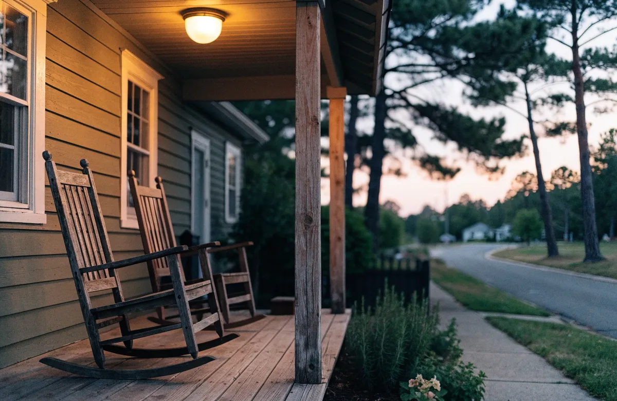 The front porch of a modest house at dusk with two rocking chairs and a glowing porch light