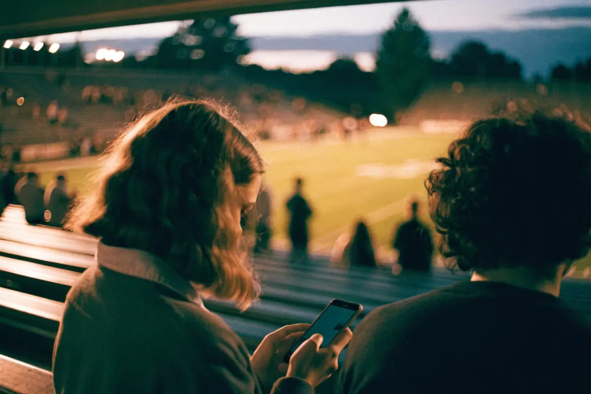 Fans at a stadium event watching a video ad on a phone
