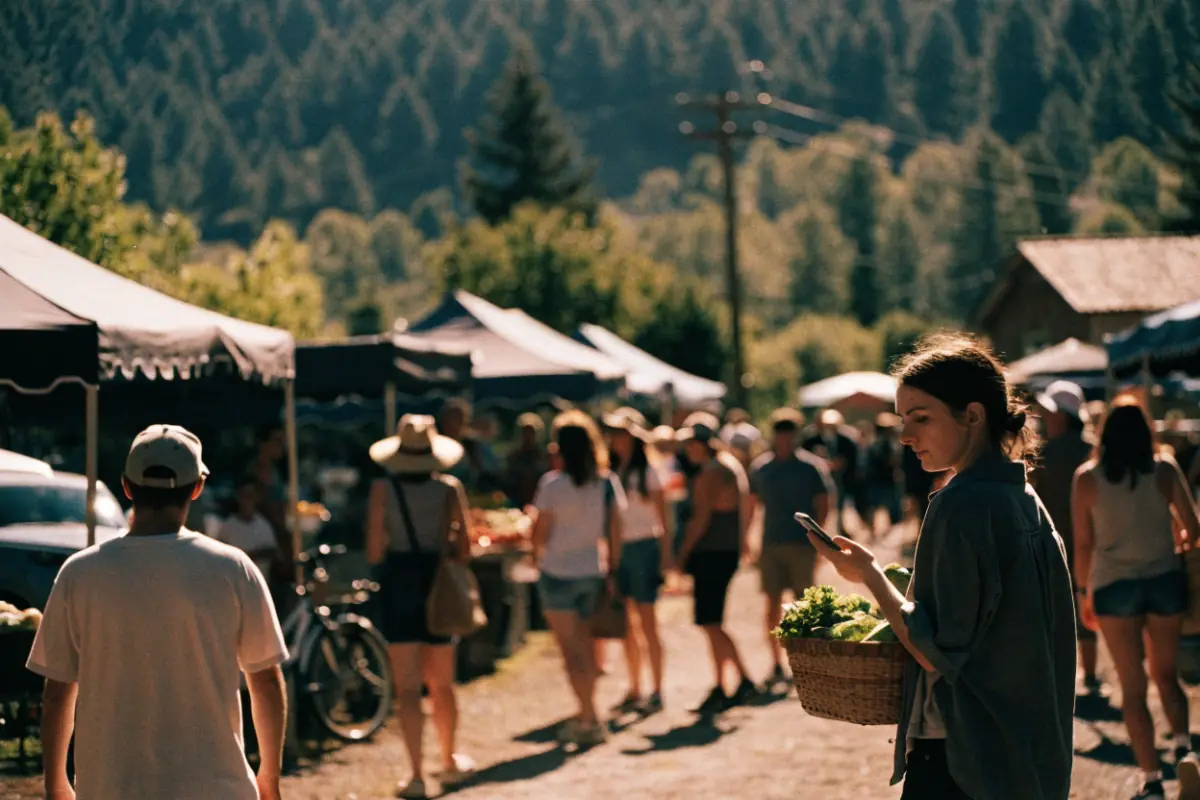 People at a farmers market, one checking a phone