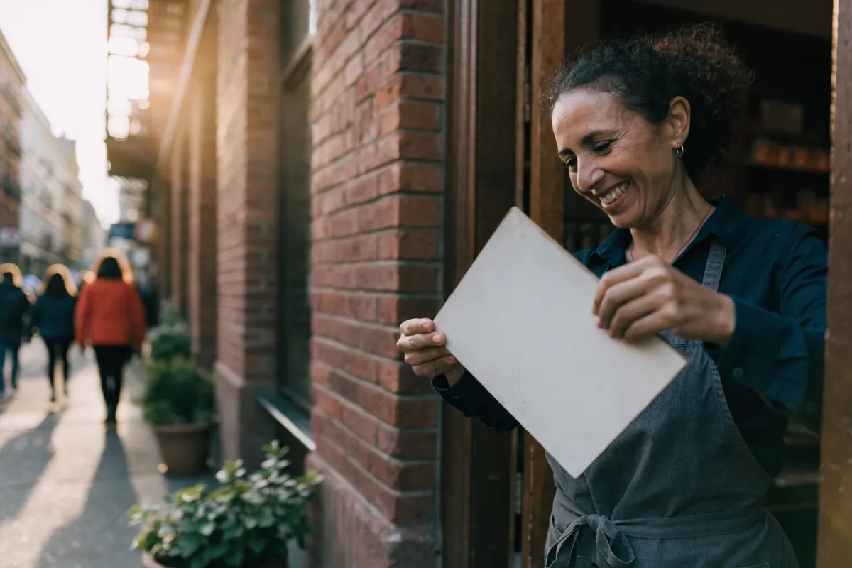 A bakery owner smiling in her shop doorway on a city street
