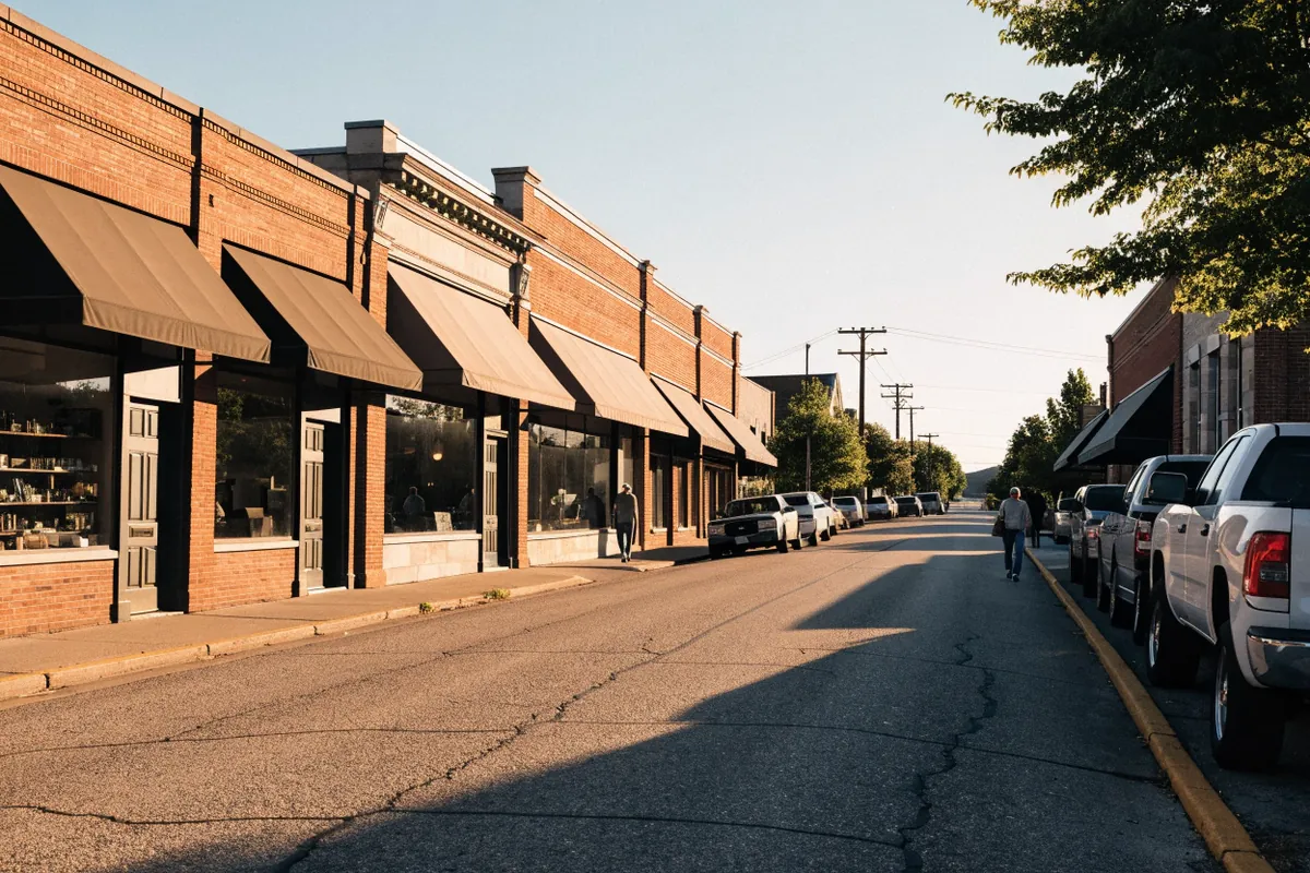A sunny small-town main street lined with brick storefronts and parked pickups