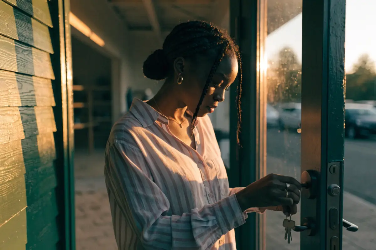 A new business owner unlocking her shop for the first time