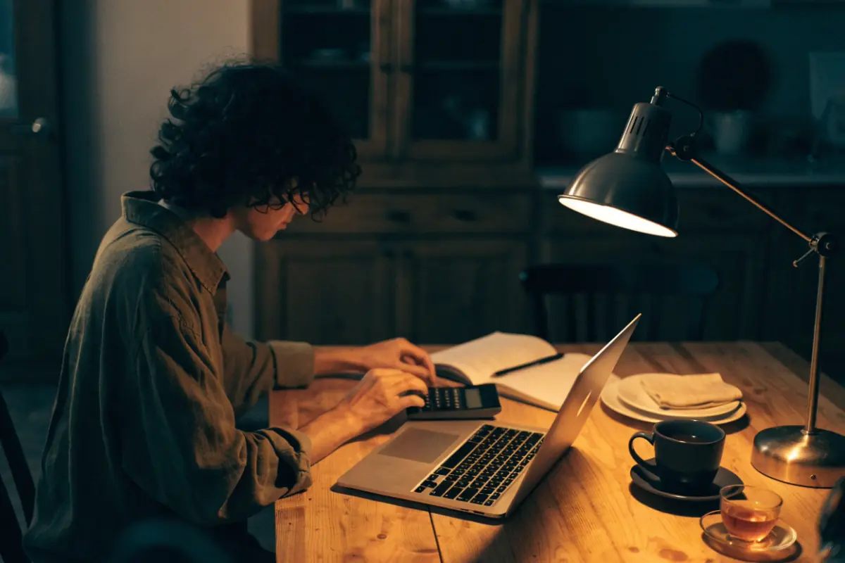 A small-business owner working out a budget at a kitchen table