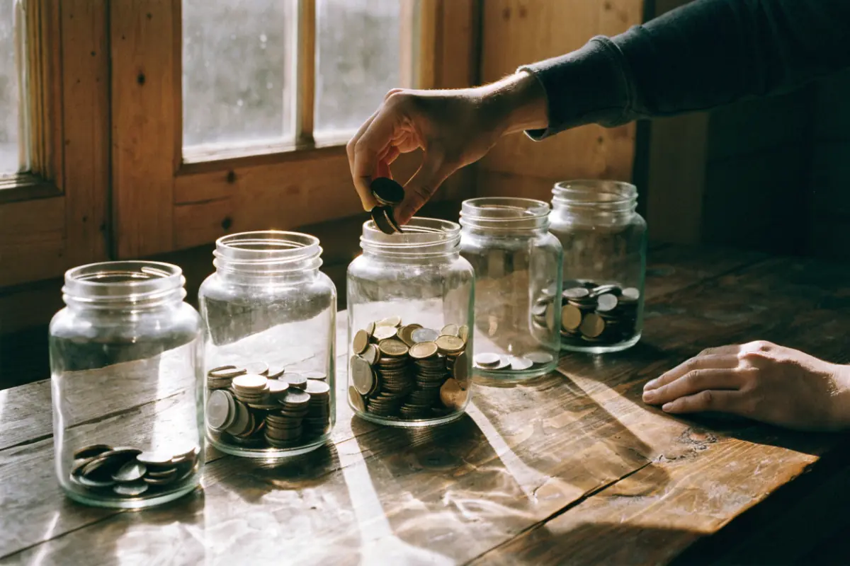 Hands dividing coins into several jars on a table