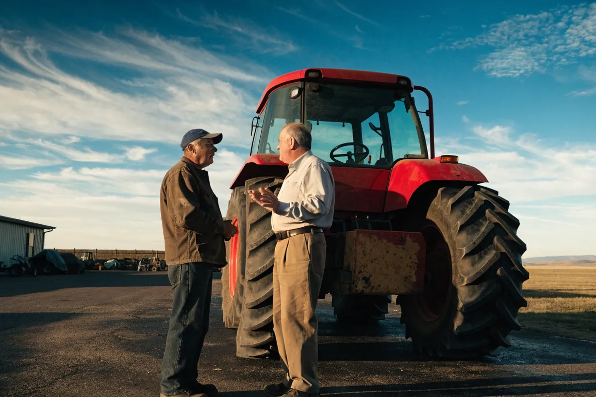A rancher talking with an equipment dealer beside a red tractor on the open prairie