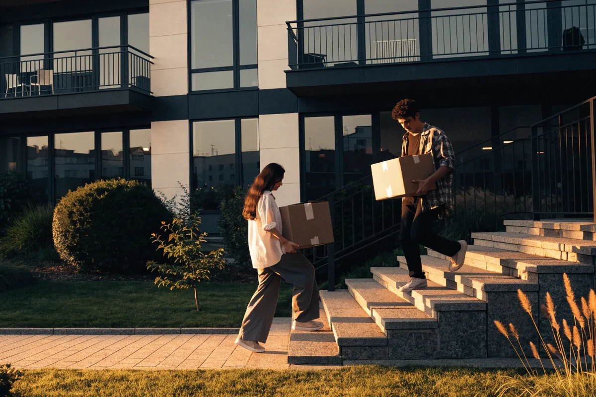 A young couple carrying moving boxes up the steps of an apartment building at golden hour