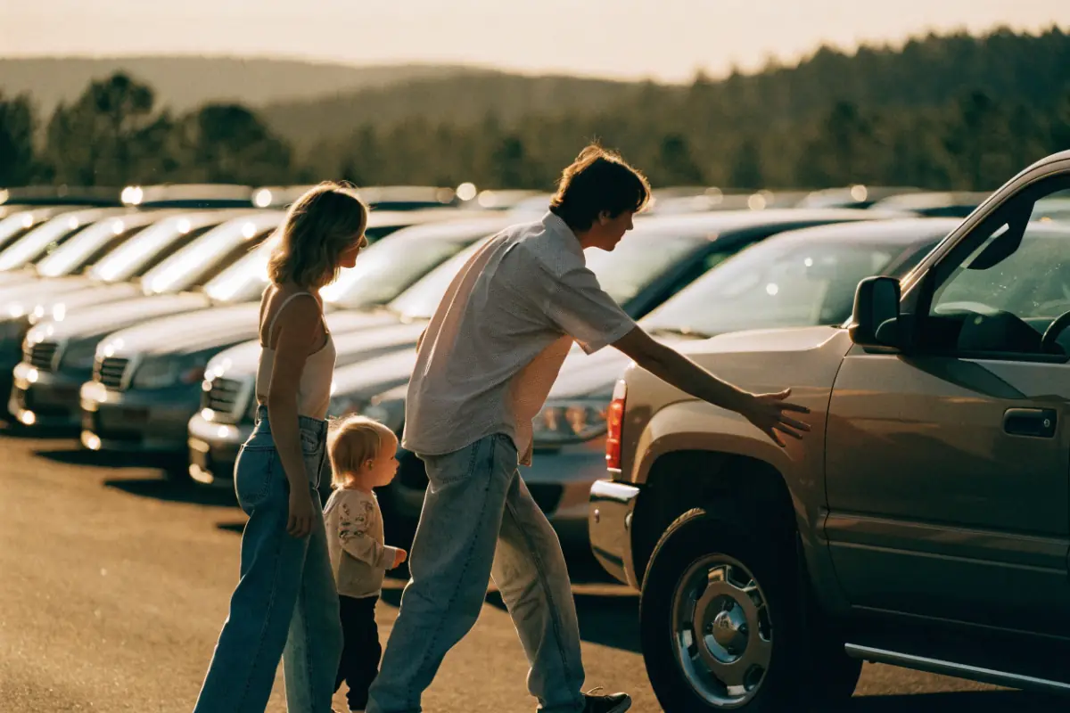 A family looking at a new pickup on a dealership lot at sunset