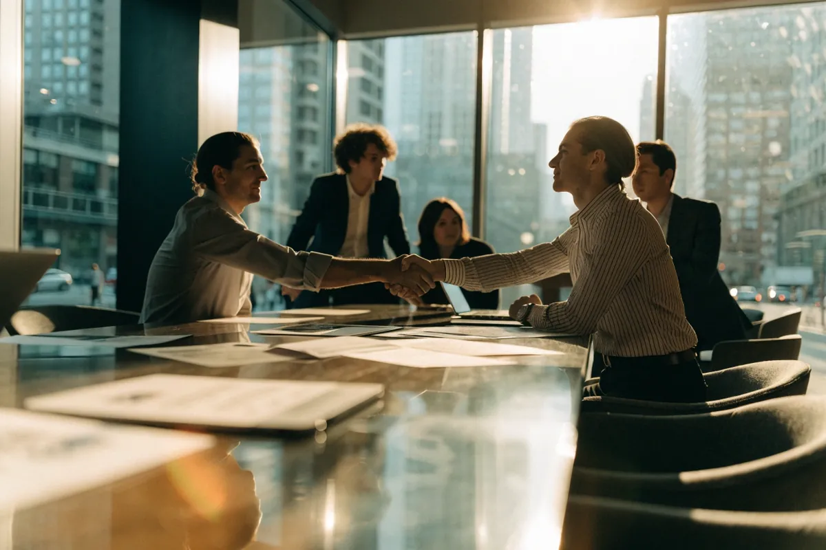 Two professionals shaking hands across a conference table as their teams look on