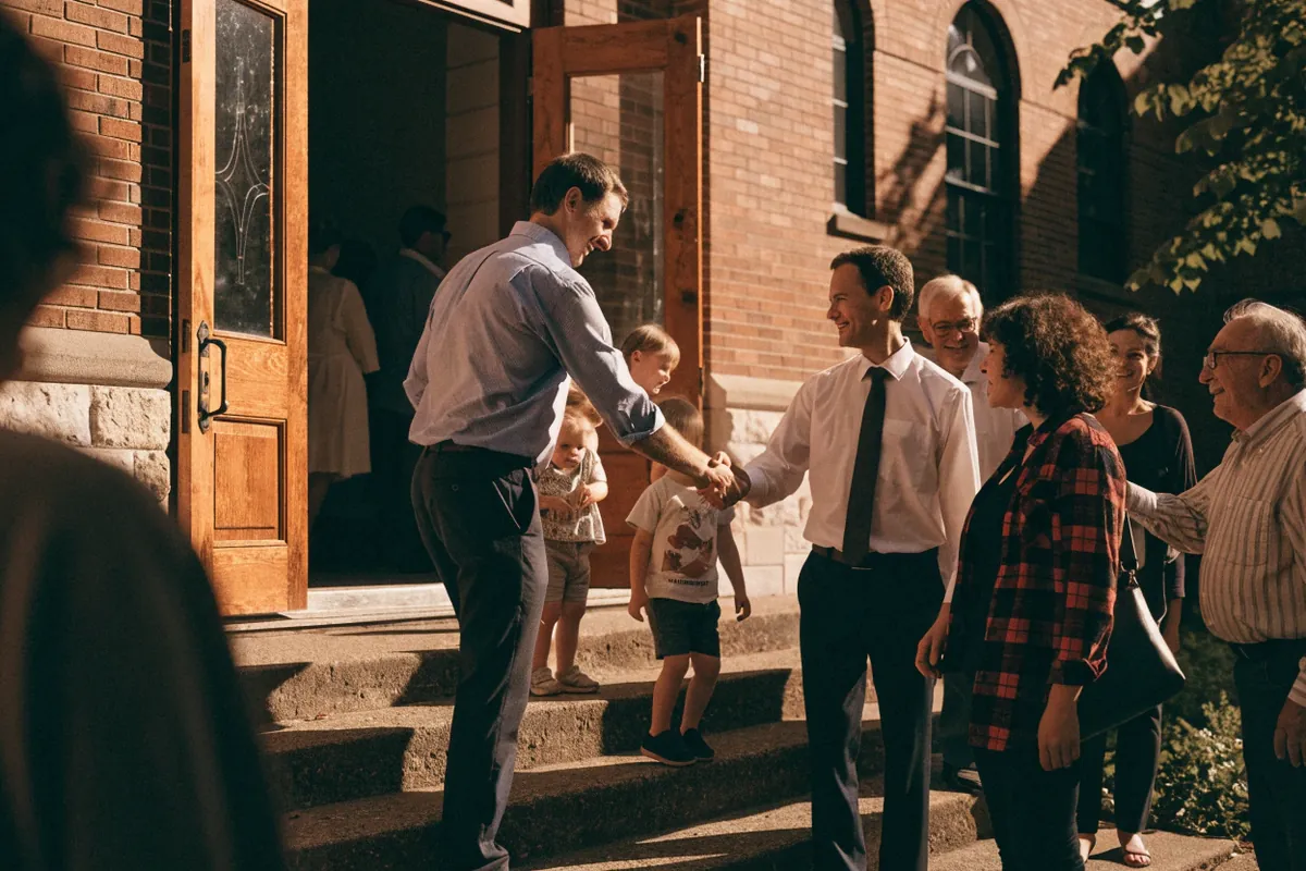 Church members welcoming a newcomer family on the steps of a brick church on a Sunday morning
