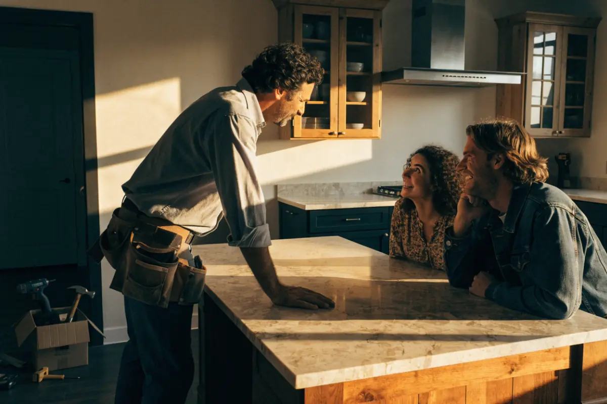 A contractor walking homeowners through their finished kitchen remodel