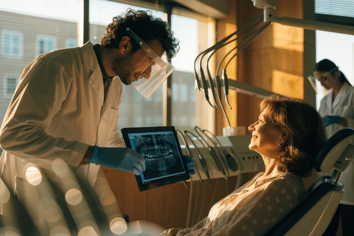 A dentist showing a smiling patient her X-ray on a tablet in a sunlit dental office