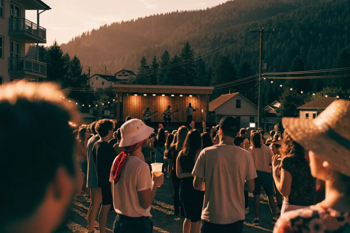 A crowd at an outdoor summer concert at sunset