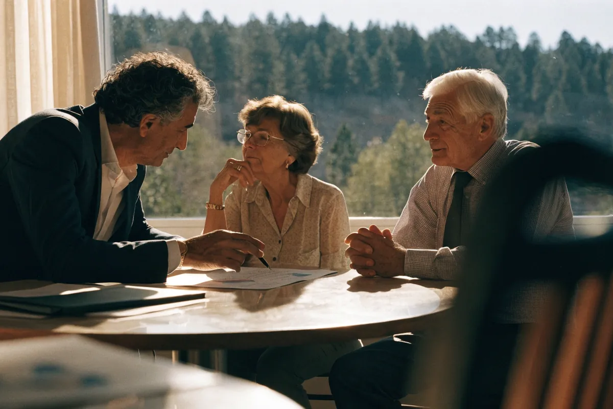 A financial advisor meeting with a retired couple in an office overlooking pine-covered hills