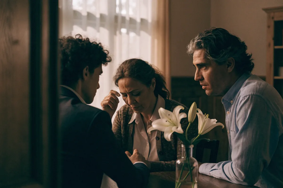 A funeral director sitting with a grieving mother and her son, white lilies on the table