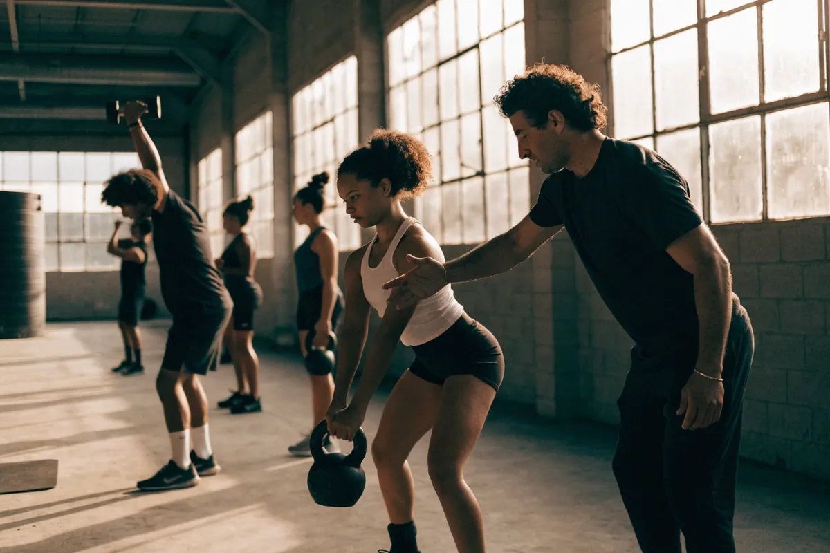A coach guiding a woman through a kettlebell swing in a sunlit warehouse gym