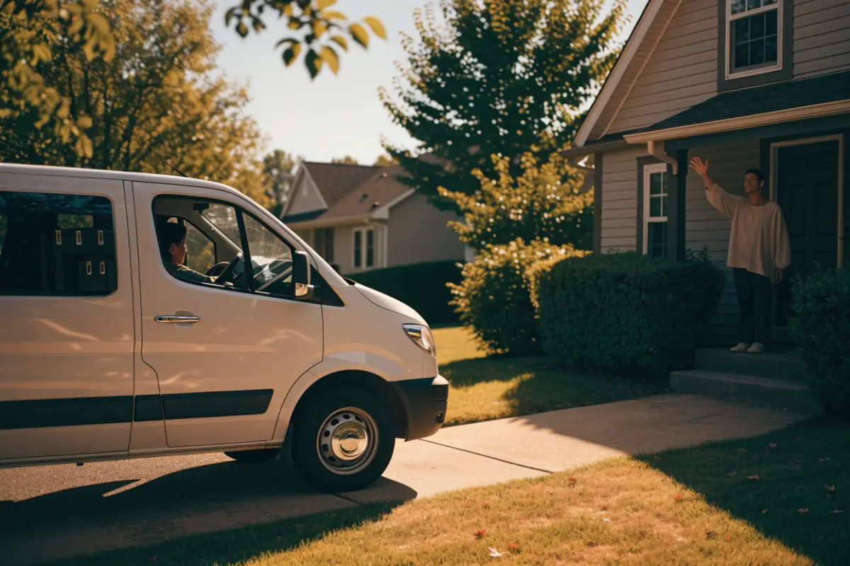 A home-services van pulling into a driveway as the homeowner waves