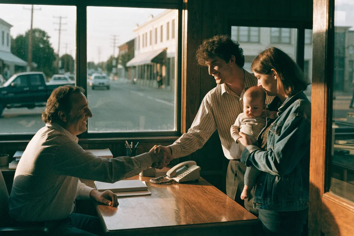 An insurance agent shaking hands with a young couple holding a baby in a small-town office