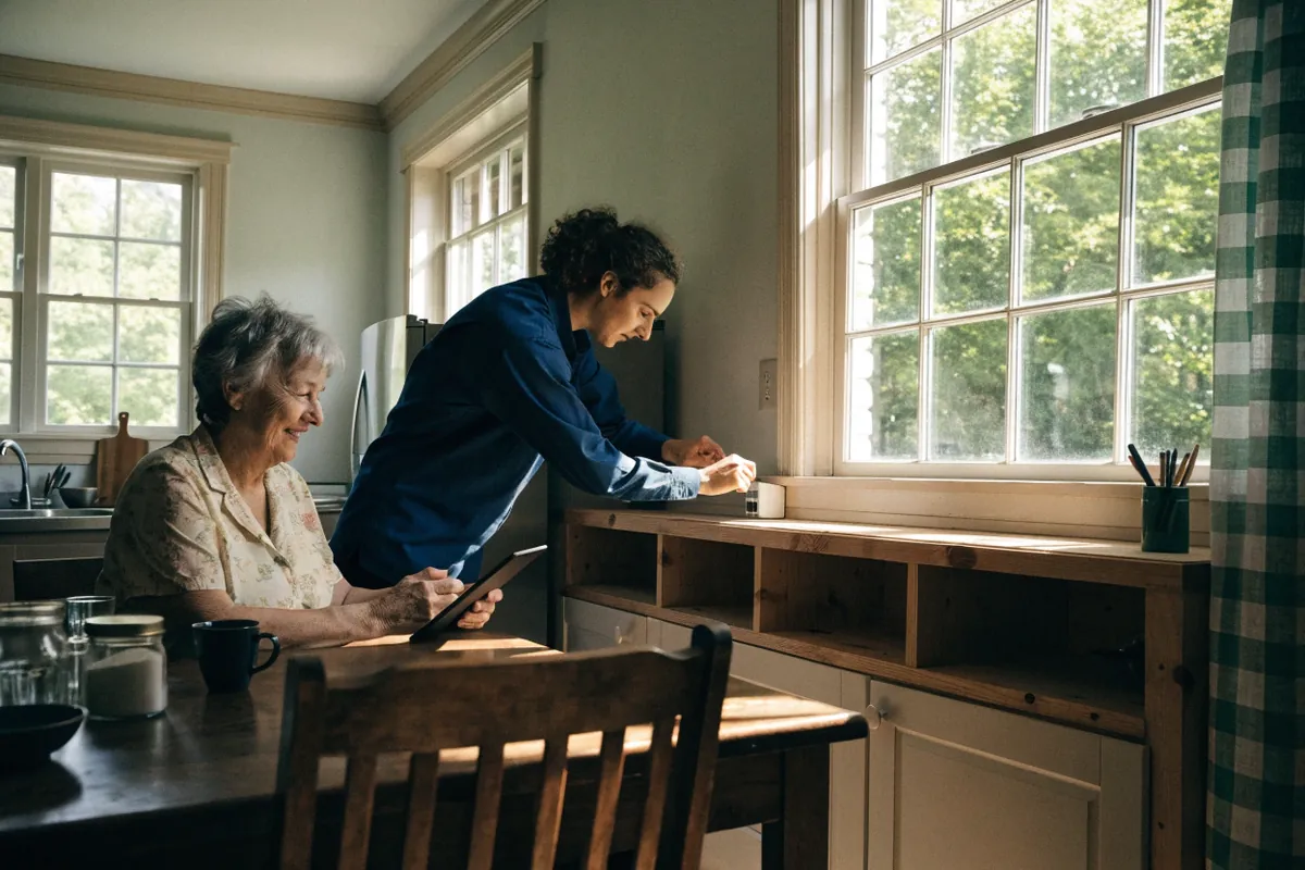 An installer setting up a wifi router in a farmhouse kitchen while the homeowner smiles at her tablet