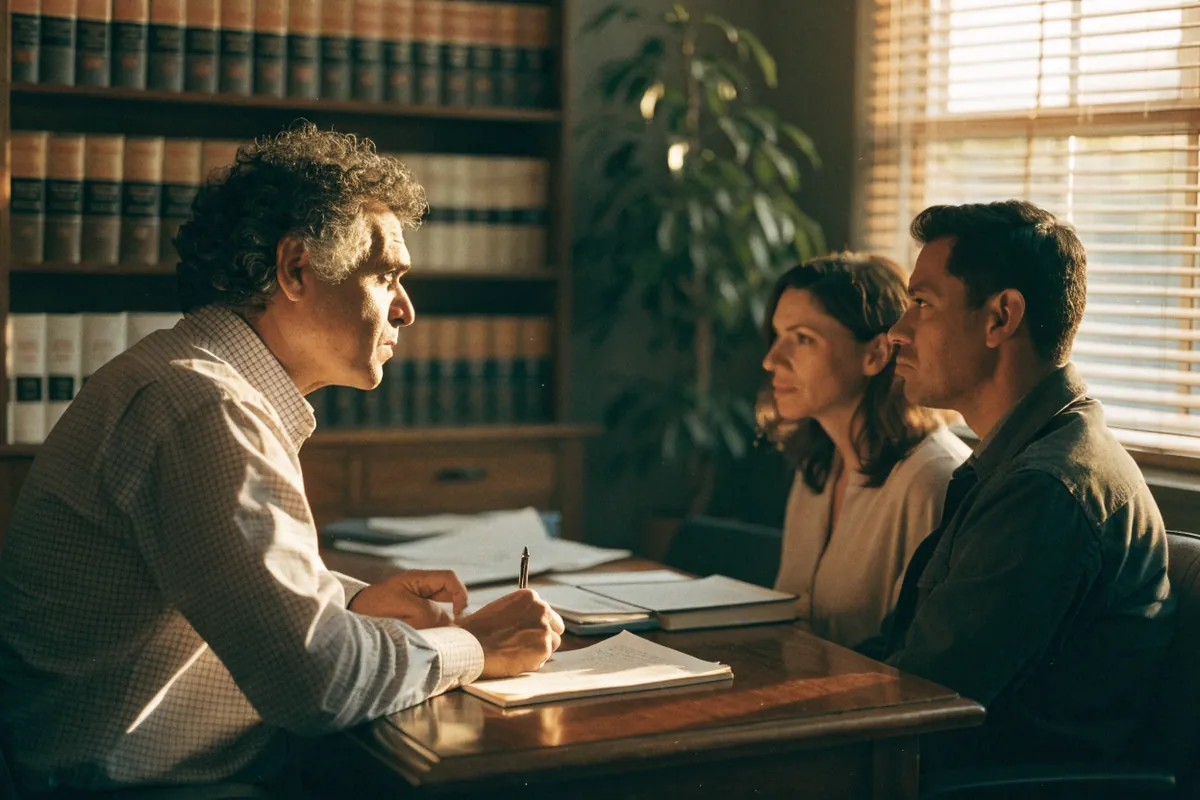 An attorney taking notes across his desk from a couple in a book-lined office