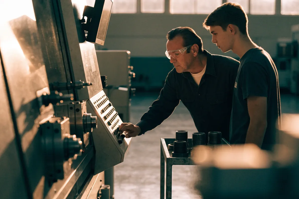 A machinist showing a young worker how to run a CNC machine on a factory floor