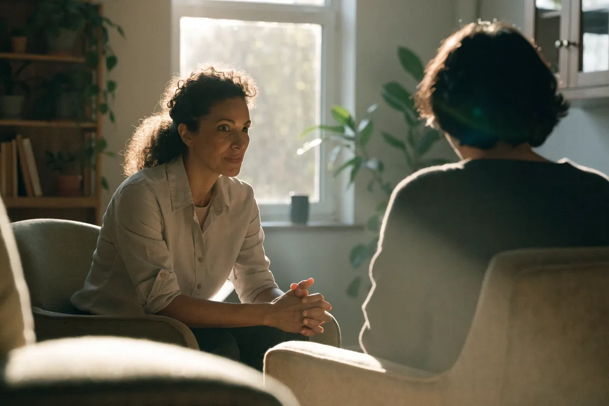 A therapist listening to a client in a sunlit office with plants and bookshelves