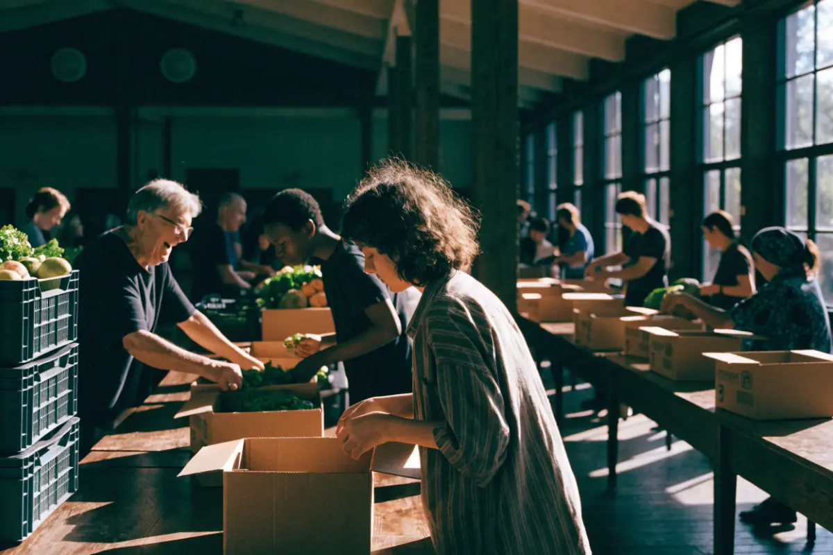 Volunteers packing food boxes at a community nonprofit