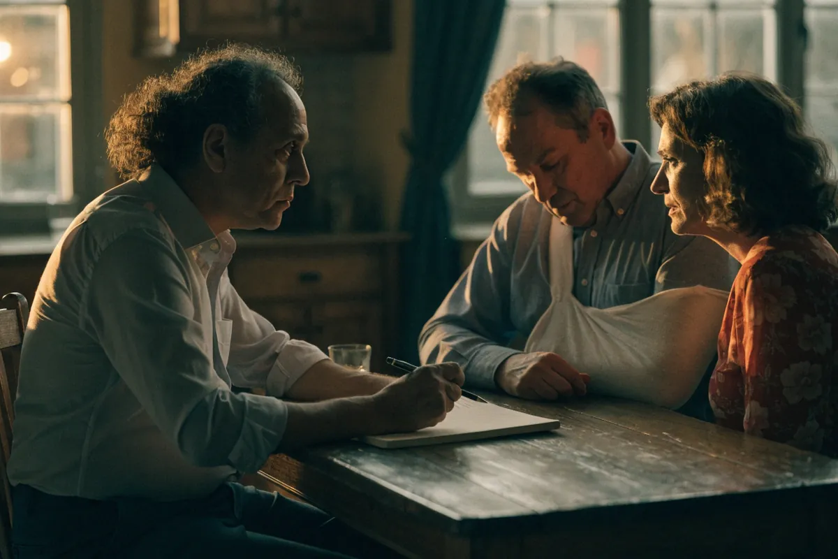 An attorney listening to a man in an arm sling and his wife at their kitchen table