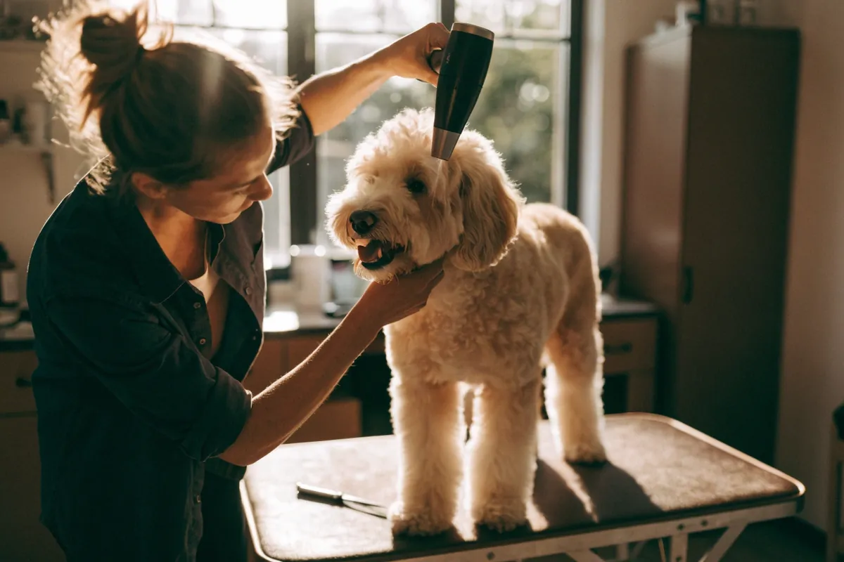 A groomer blow-drying a happy fluffy doodle on a grooming table