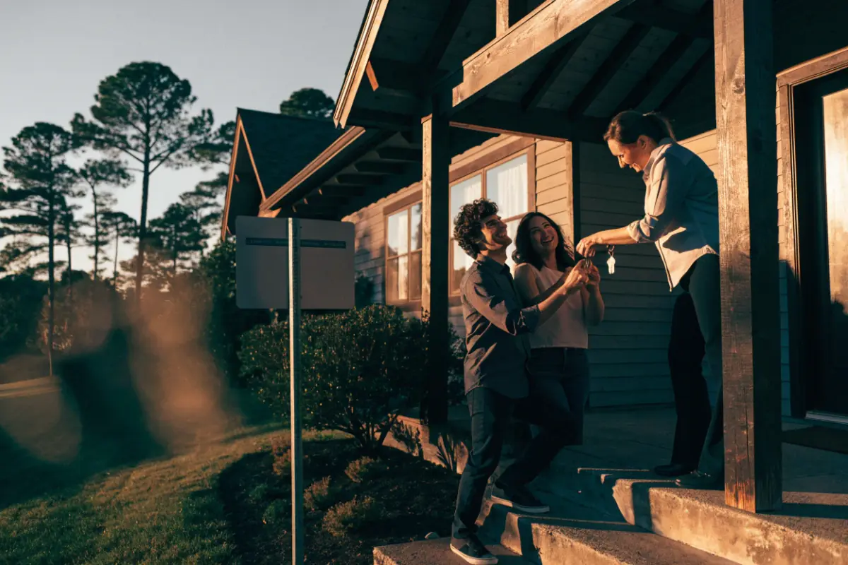 A real estate agent handing house keys to new homeowners on a porch