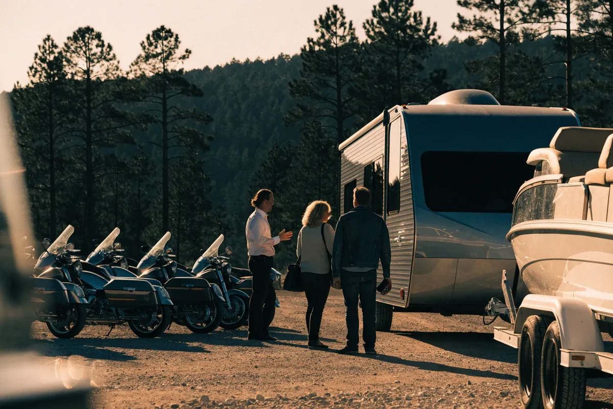 A couple looking at a travel trailer on a dealer lot beside touring motorcycles and a boat