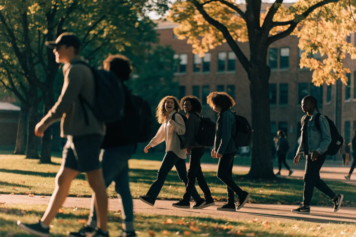 Students walking across a college campus in autumn