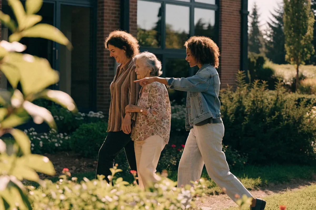 A daughter walking arm in arm with her elderly mother through a sunny senior living garden with a caregiver