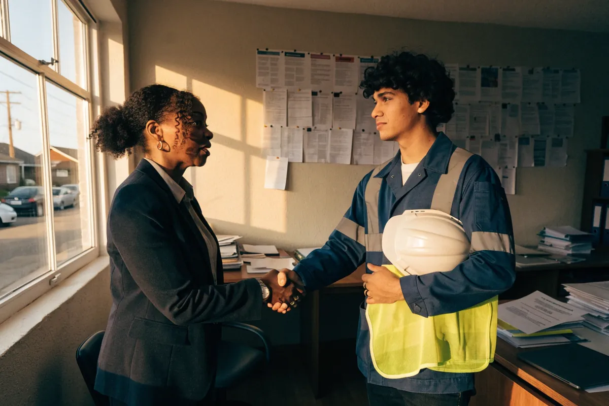 A recruiter shaking hands with a young worker holding a hard hat and safety vest