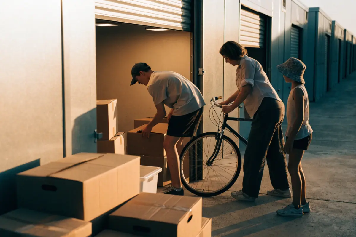 A family loading boxes into a self-storage unit