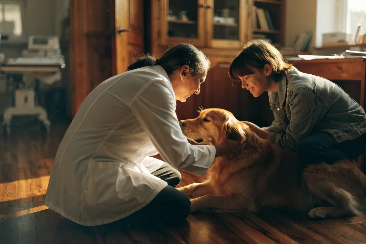 A veterinarian kneeling on the exam-room floor checking a golden retriever beside its young owner