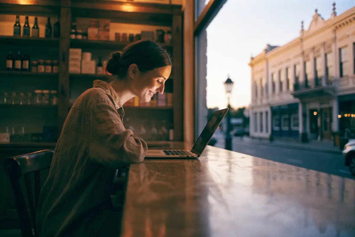 A small-town shop owner checking campaign results on a laptop at dusk