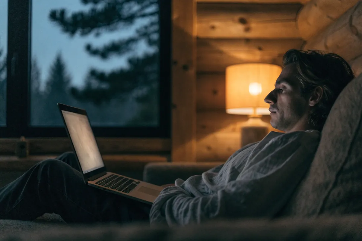 A man in a log cabin watching a video on his laptop in the evening