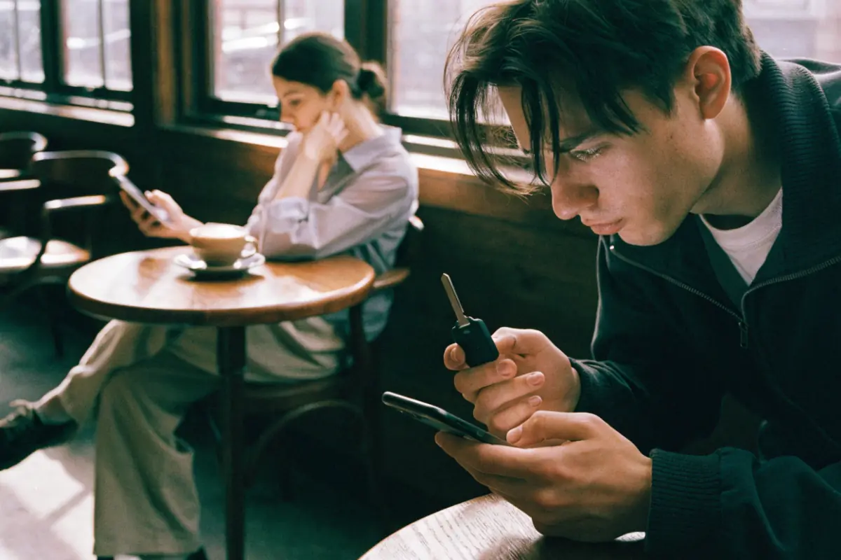 One person searching urgently on a phone, another scrolling casually
