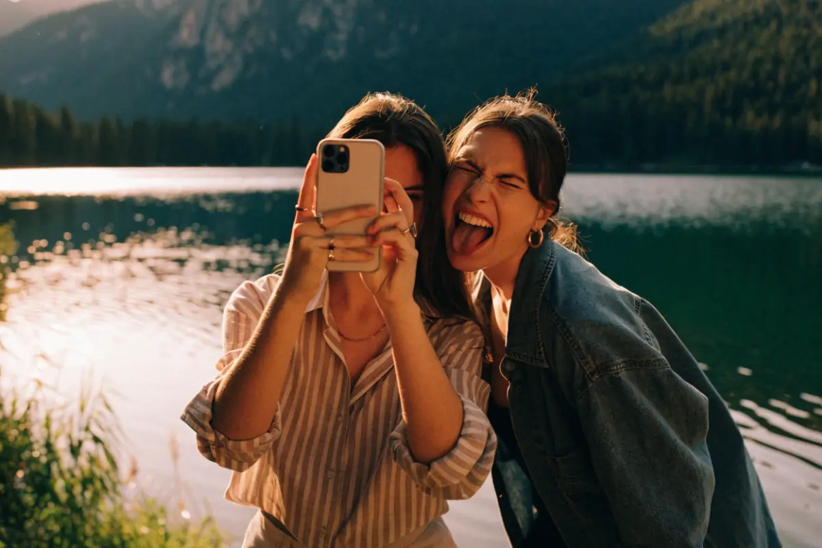 A young woman sharing a moment on her phone at a lakeside