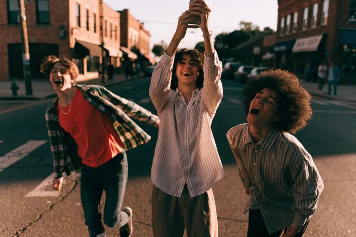 Young friends filming a vertical video on a phone downtown