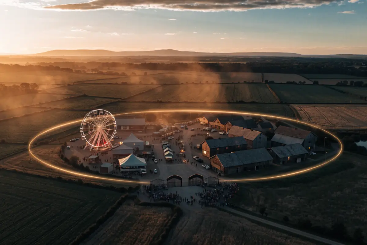 People walking into a busy event while a soft boundary of light rings the venue