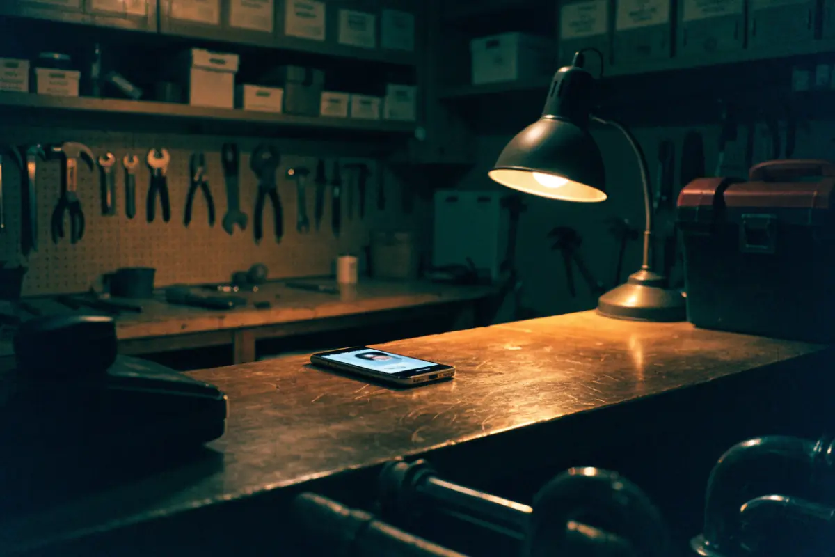 An empty plumbing shop after hours, a phone on the counter lighting up with a call