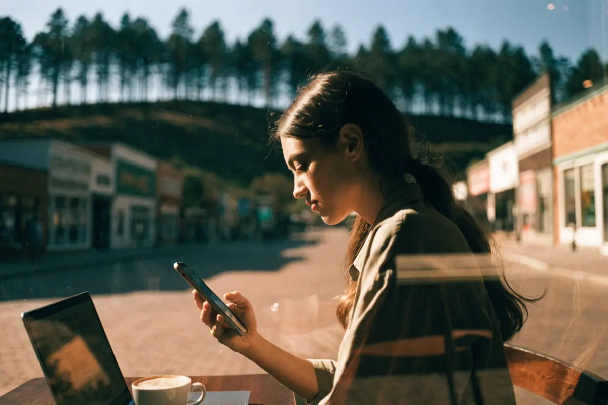 A woman at a cafe window in a mountain town, checking her phone beside her laptop
