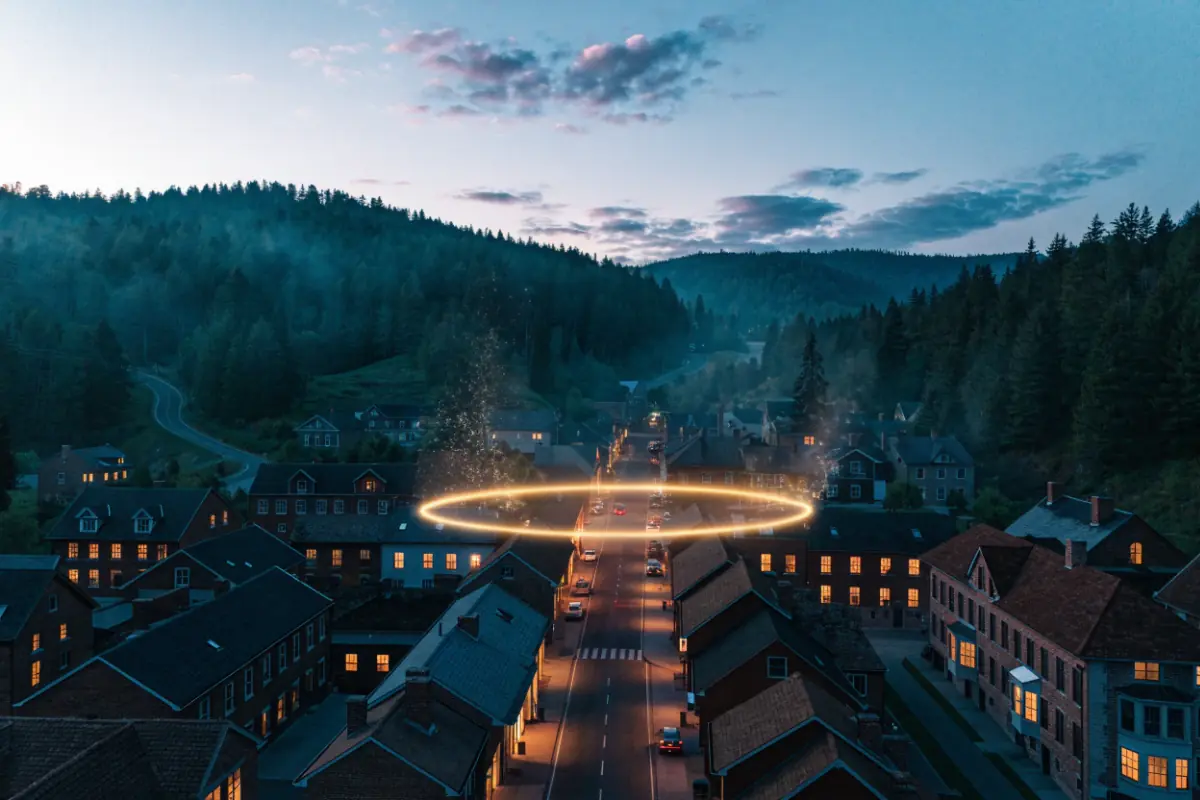 A glowing ring of light hovering over one block of a mountain town at dusk