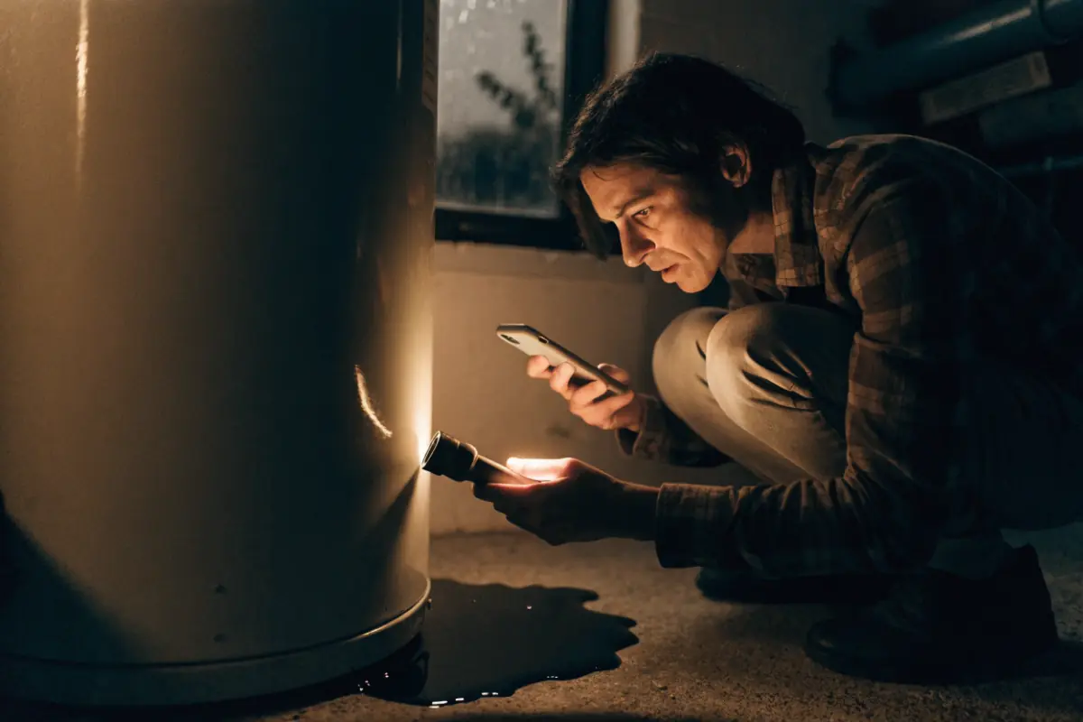 A homeowner searching on his phone by flashlight next to a leaking water heater